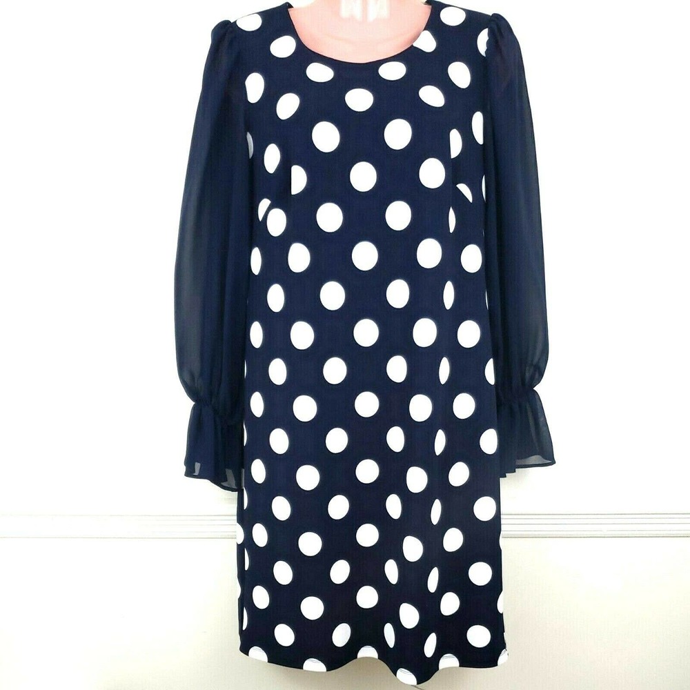 Polka Dot Long Sheer Sleeves Shift Dress